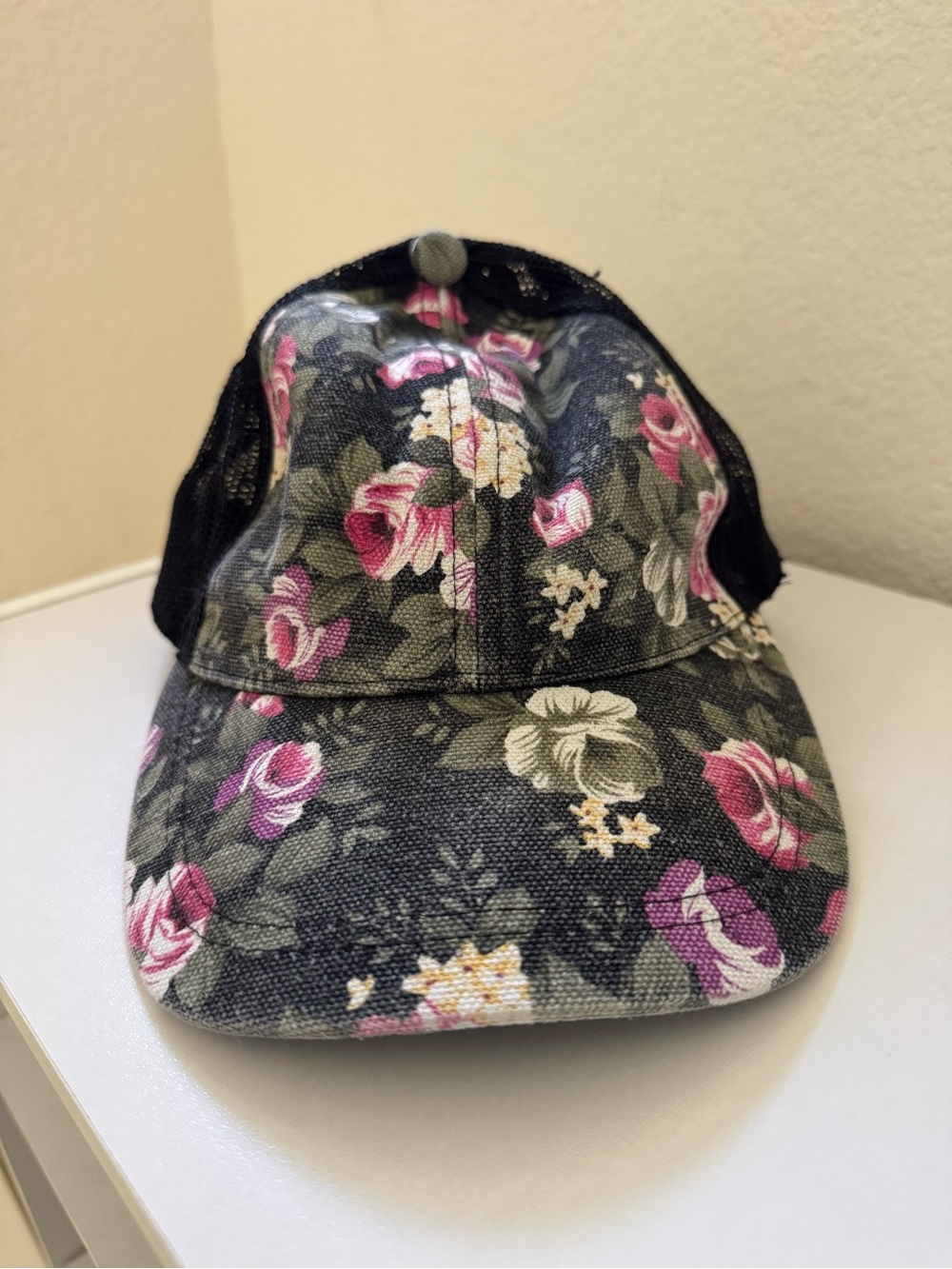 Floral Print Black Mesh-Back Trucker Hat - Women